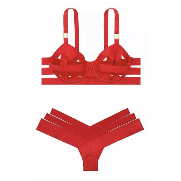 Victorias Secret Sexy Banded Red Strappy Balconette Bra Set‎ 34C & Panty S